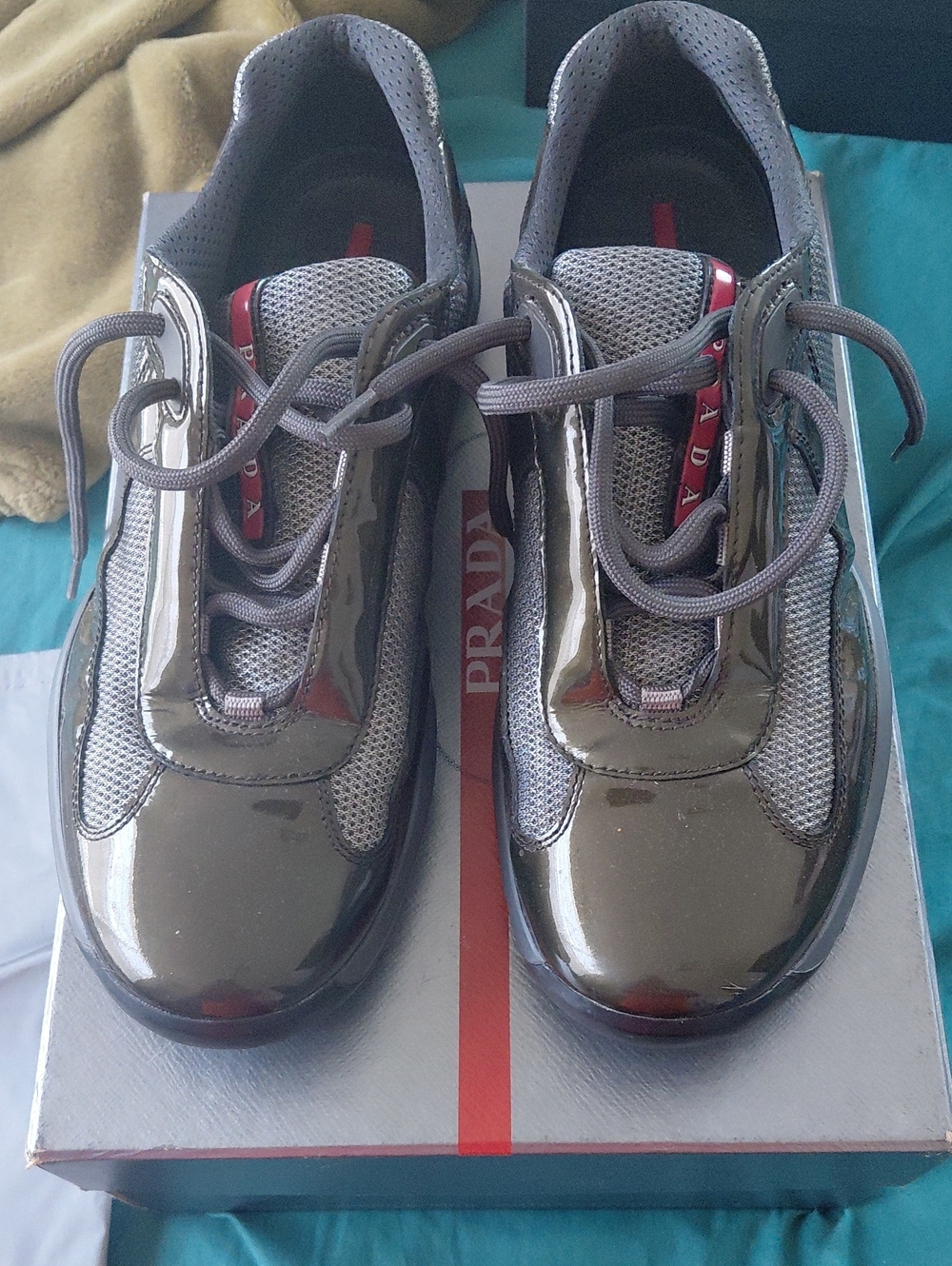 Prada Men’s Glossy Gunmetal Gray Lace-Up Sneakers